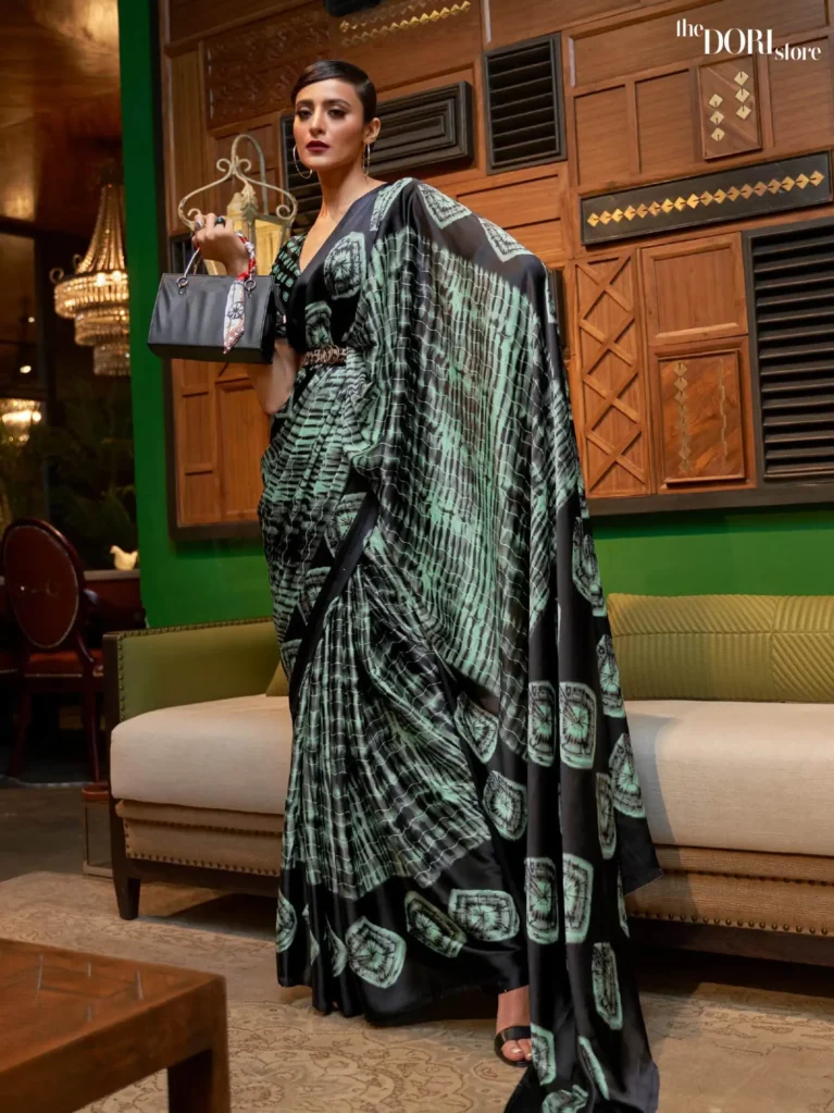 Blackish GreenPrinted Japan Satin Crepe Saree - party wear saree