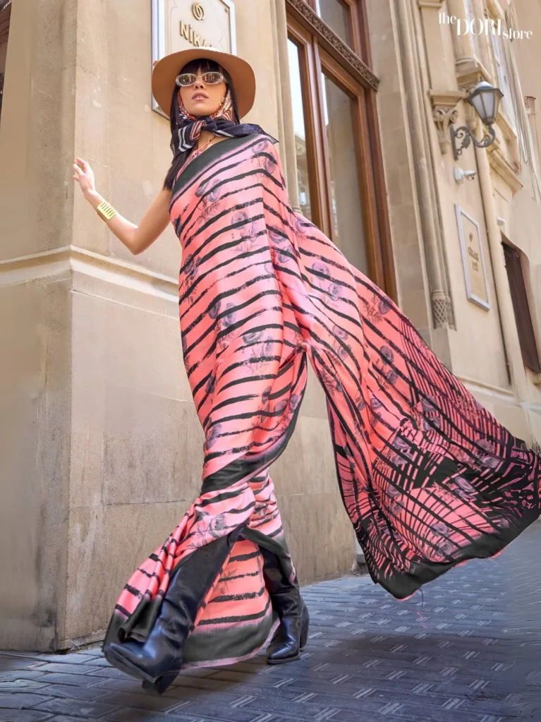 Peach Pink and Black Stripped Satin Crepe Digital Printed Saree - party wear saree
