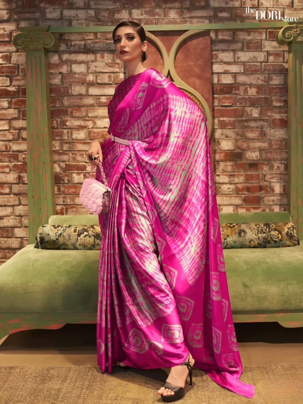 Greenish Pink Printed Japan Satin Crepe Saree - party wear saree