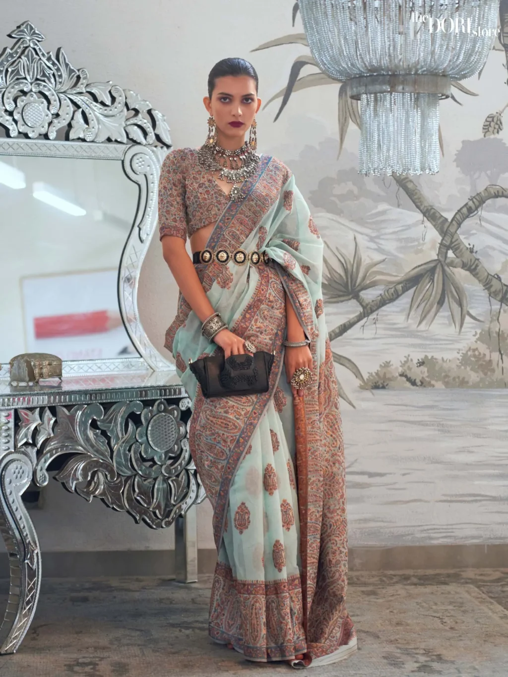 Aqua Blue Modal Kashmiri Handloom Silk Saree - party wear saree