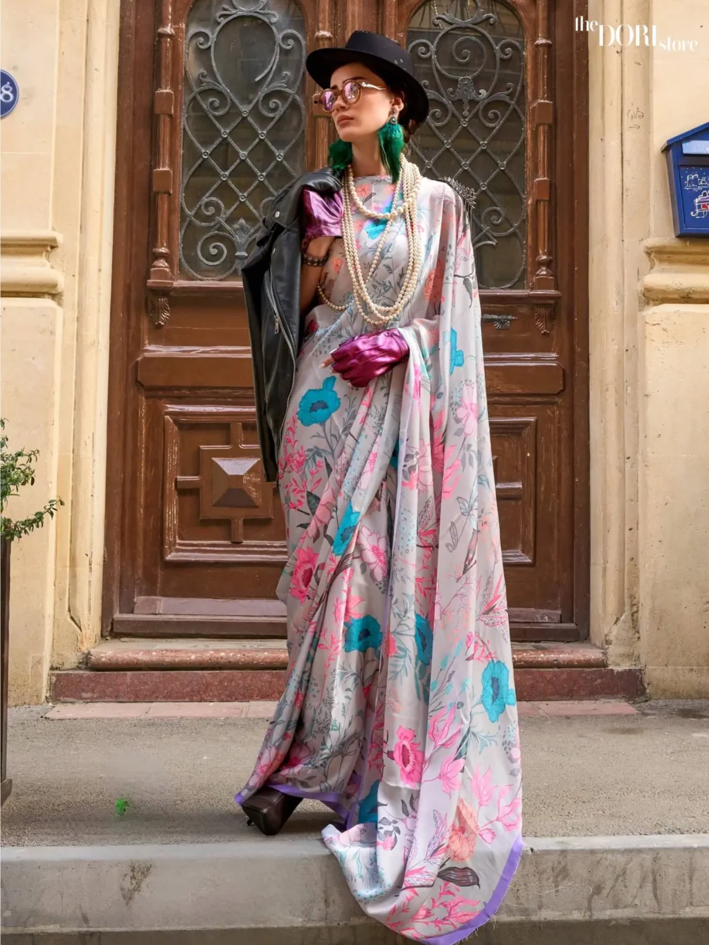 Multicolor Grey Printed Satin Georgette Silk Saree - party wear saree