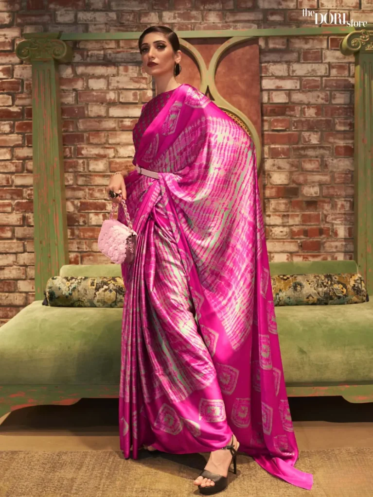Greenish Pink Printed Japan Satin Crepe Saree - party wear saree