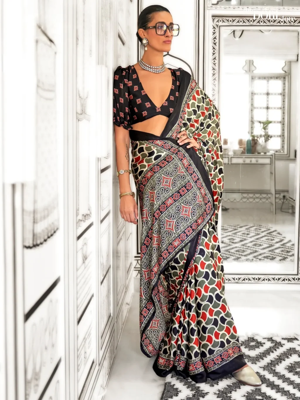 Black and Multicolor Light Weight Printed Ajrakh Satin Crepe Saree - party wear saree