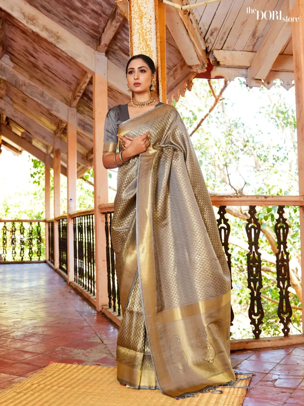 Beautiful Grey Kanjeevaram Silk Saree with Golden Zari Border  - party wear saree
