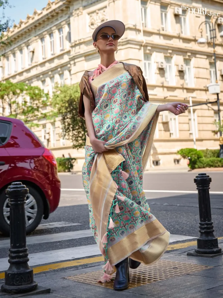 Sea Green and Multicolor Pure Satin Organza Silk Saree - party wear saree