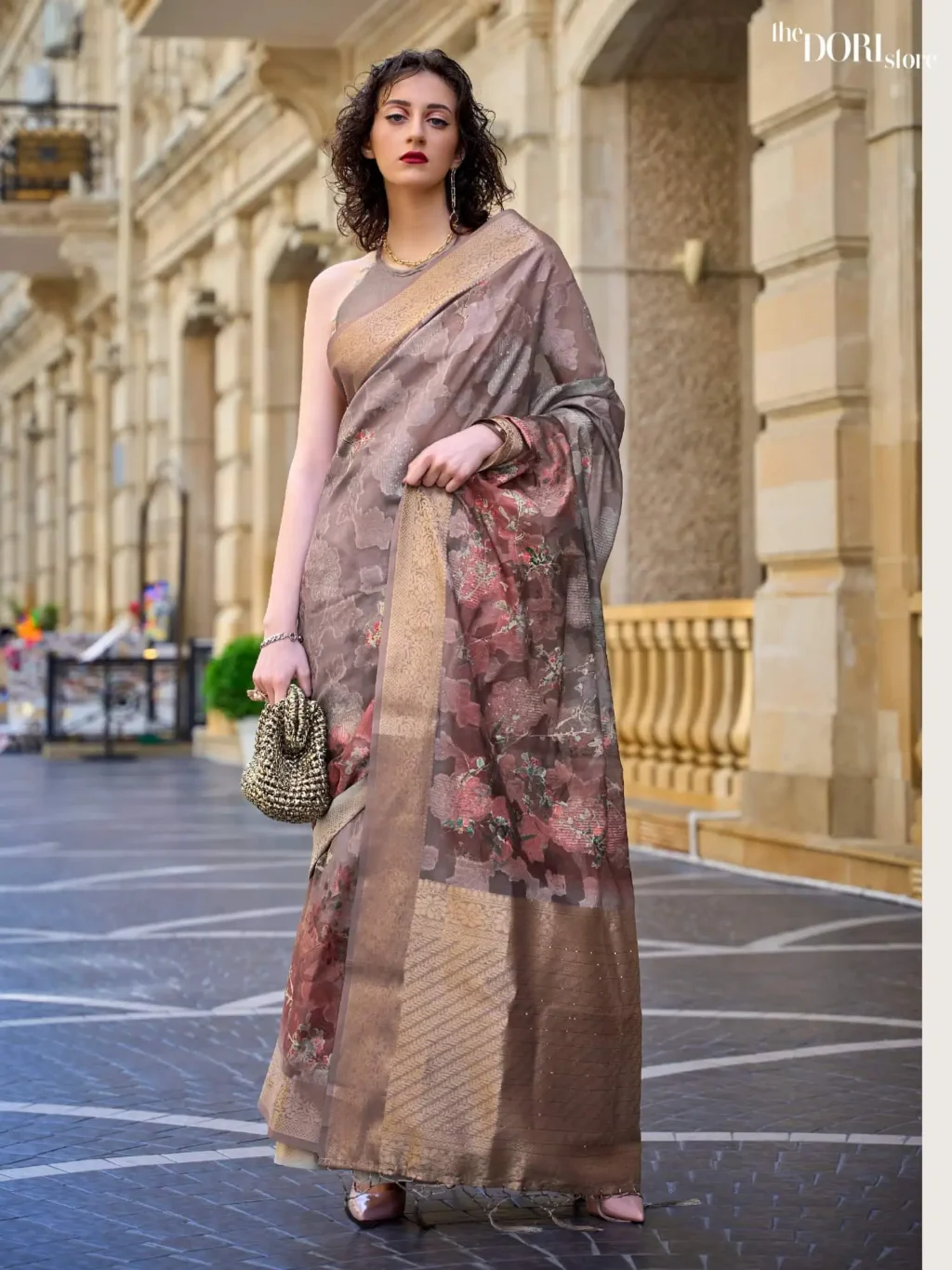 Dusty Brownish Grey Border Brasso Poly Printed Saree  - party wear saree
