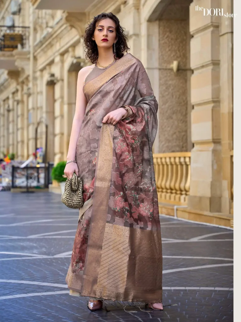 Dusty Brownish Grey Border Brasso Poly Printed Saree  - party wear saree