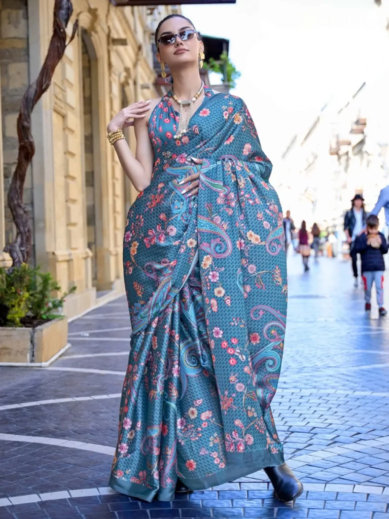 Denim Blue Digital Print Satin Crepe Silk Saree - party wear saree