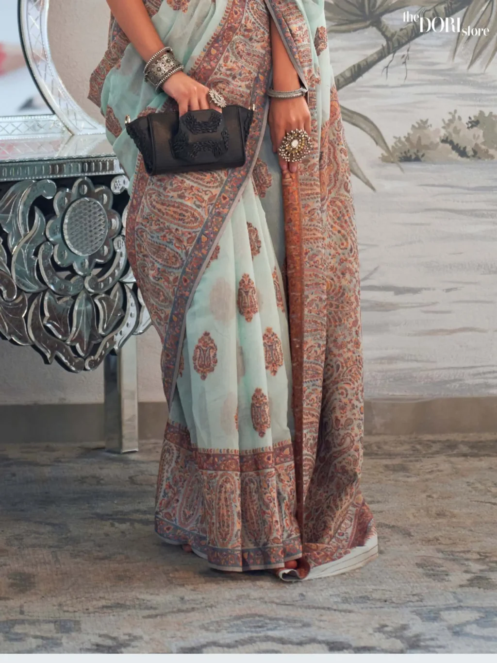 Aqua Blue Modal Kashmiri Handloom Silk Saree - Image 3