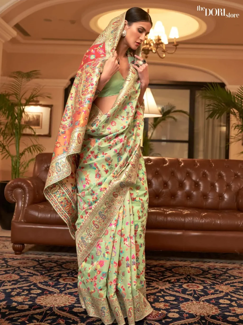 Pista Green Kashmiri Jamewar Silk Saree - party wear saree