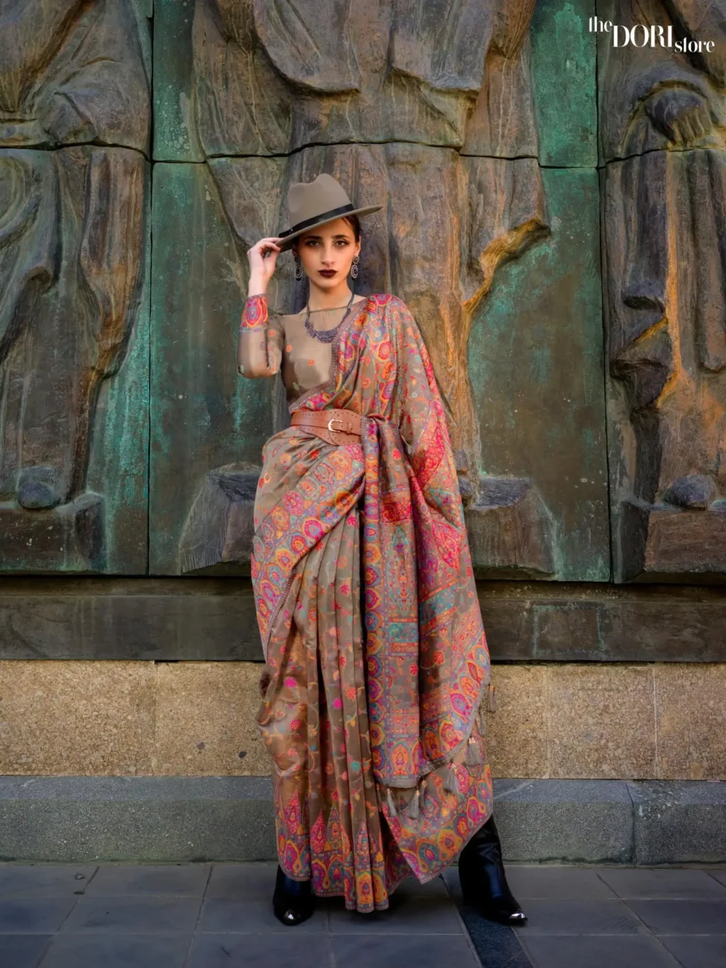 Brown Kashmiri Organza Soft Silk Saree - party wear saree
