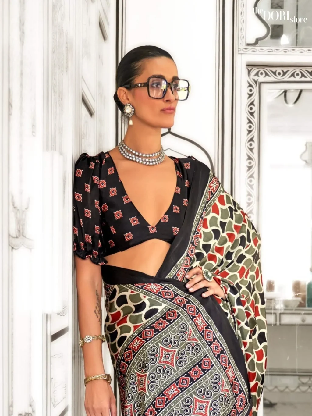 Black and Multicolor Light Weight Printed Ajrakh Satin Crepe Saree - Image 3