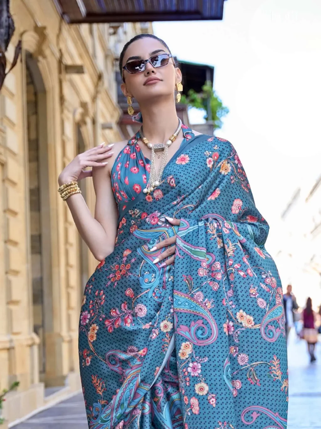 Denim Blue Digital Print Satin Crepe Silk Saree - Image 3
