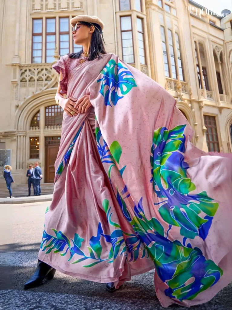 Ethnic Peach and Blue Satin Crepe Digital Printed Saree - party wear saree