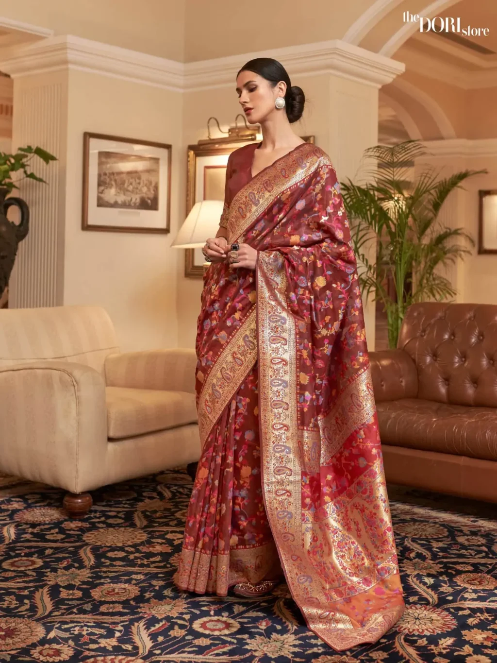 Ethnic Maroon Kashmiri Jamewar Silk Saree - party wear saree