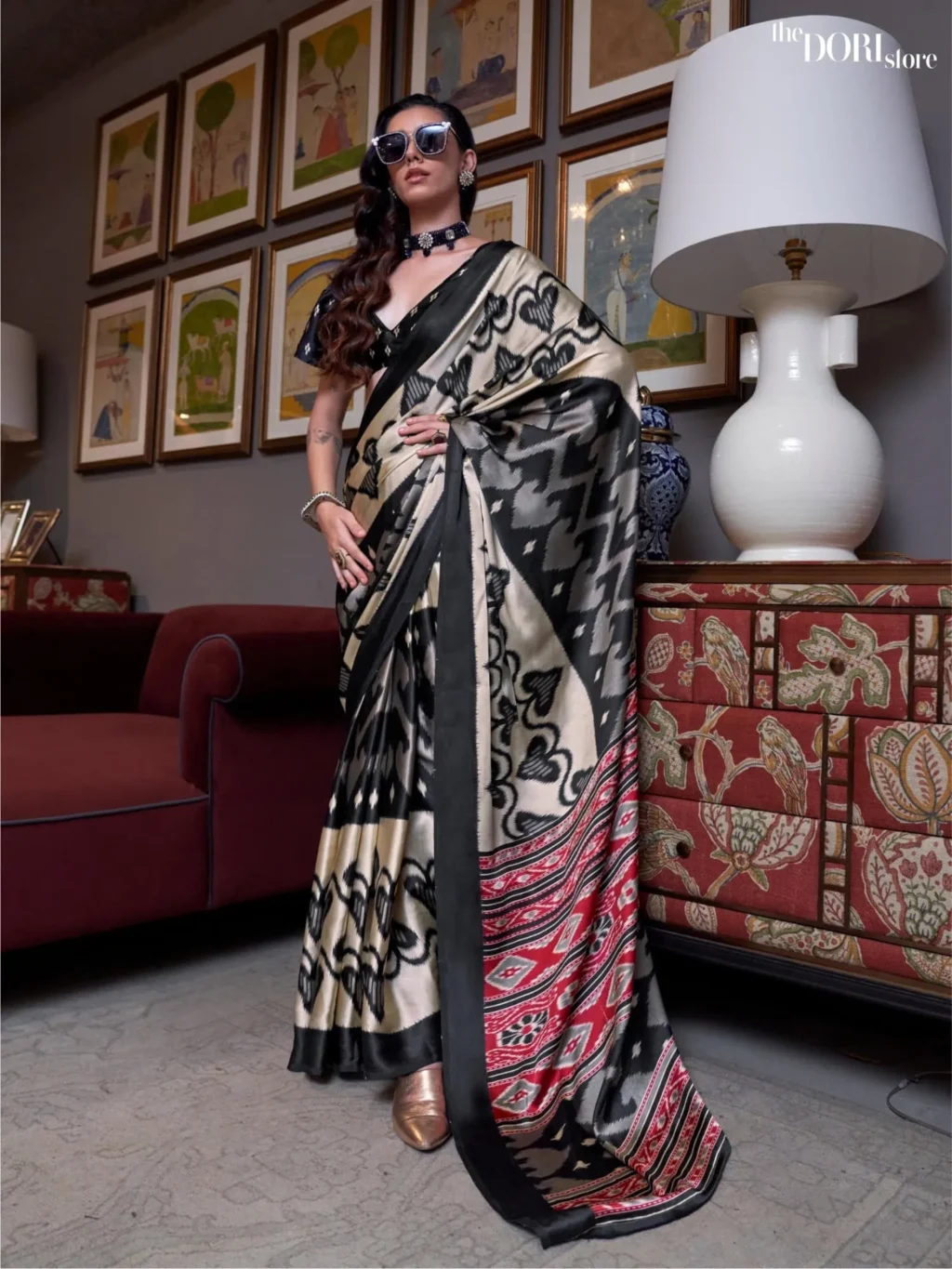 Golden Black Patola Printed Crepe Silk Saree - party wear saree