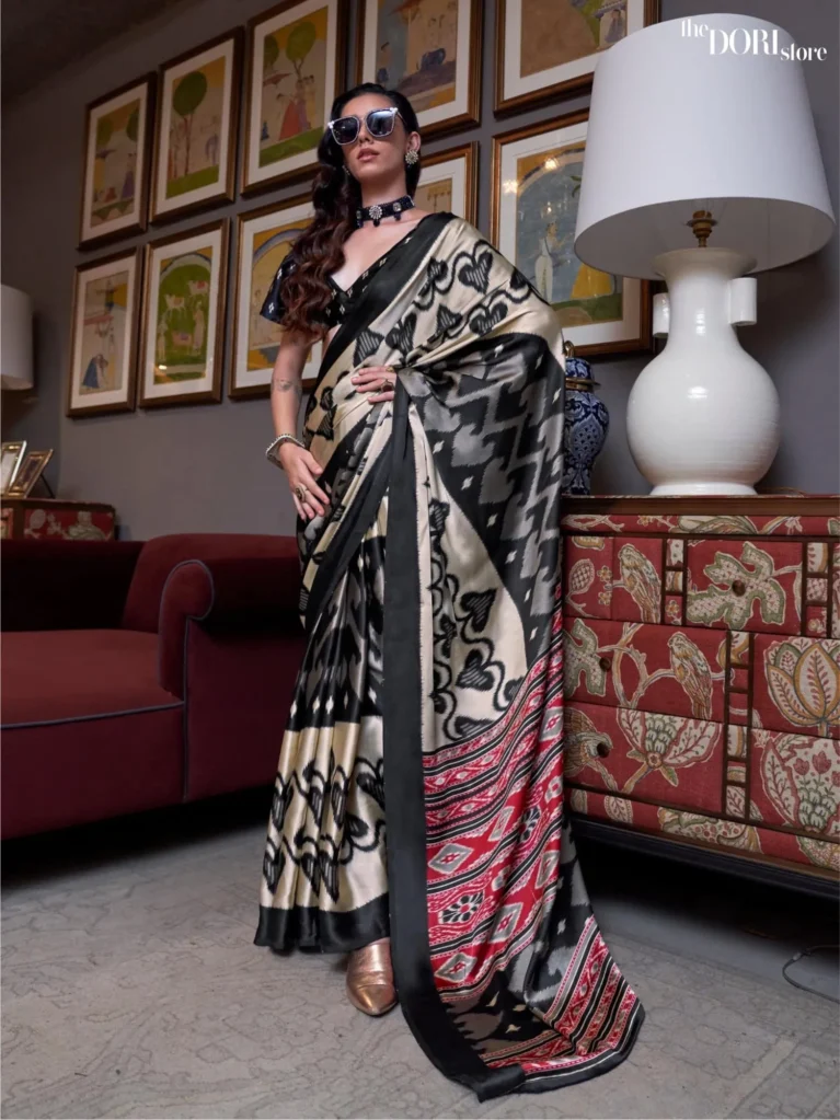 Golden Black Patola Printed Crepe Silk Saree - party wear saree