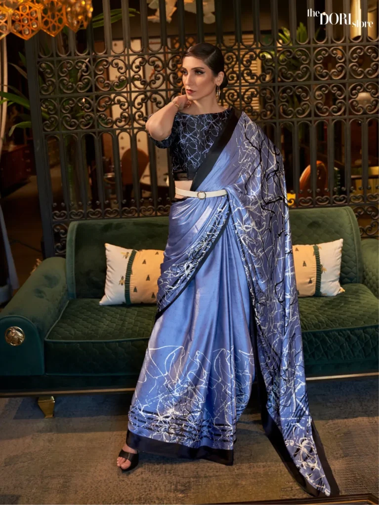 Steel Blue Printed Japan Satin Crepe Saree - party wear saree