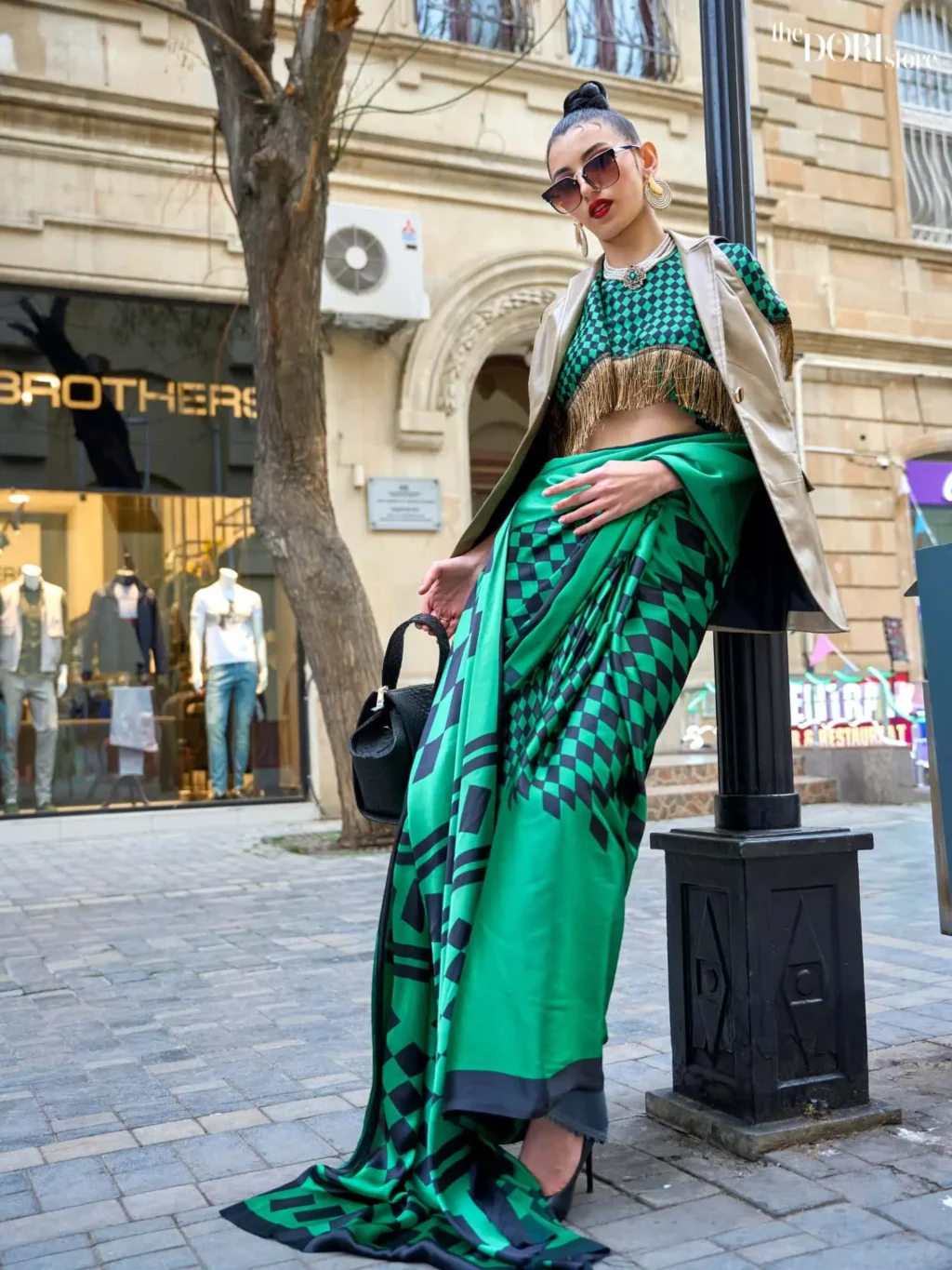 Forest Green Japan Satin Printed Silk Saree - Image 3