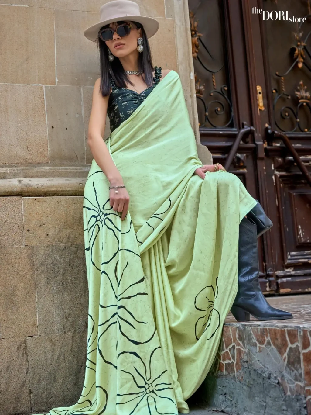 Light Green Japan Satin Printed Silk Saree - party wear saree