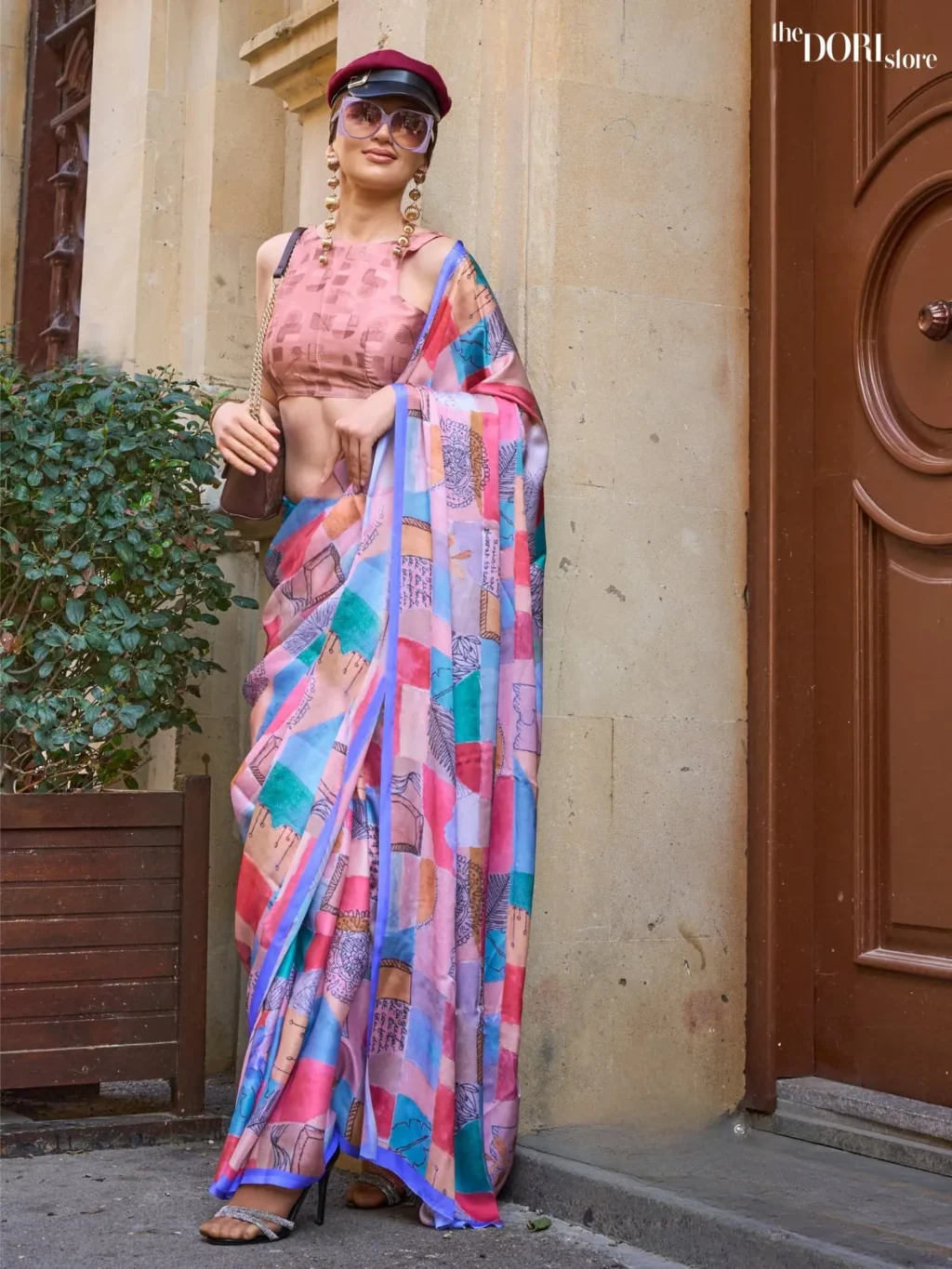 Blue and Pink Printed Satin Georgette Silk Saree - party wear saree