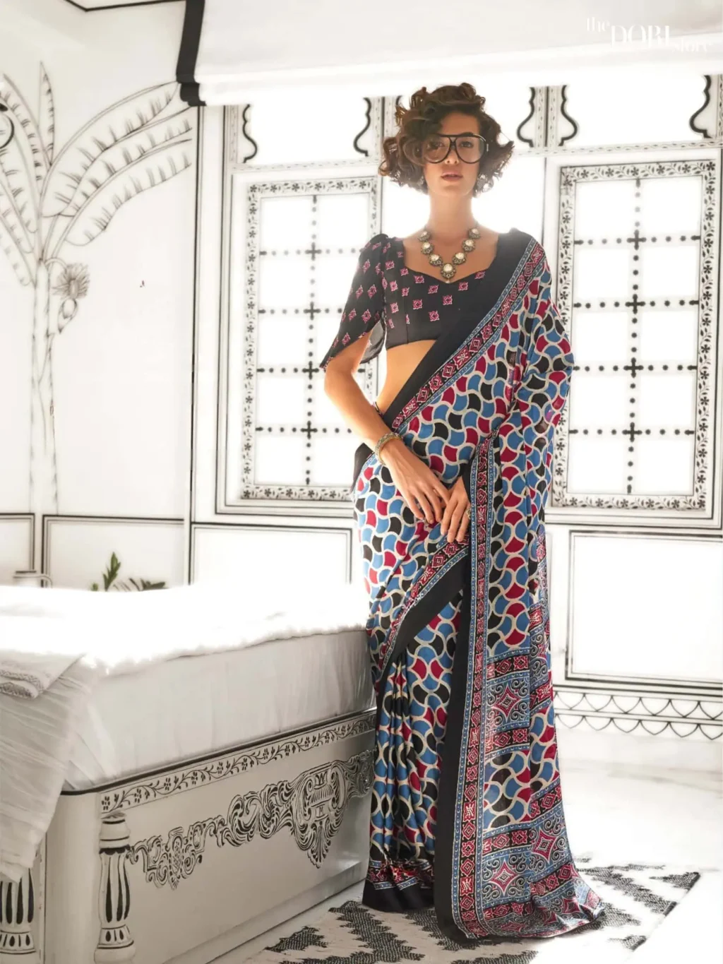 Black and Blue Light Weight Printed Ajrakh Satin Crepe Saree - party wear saree