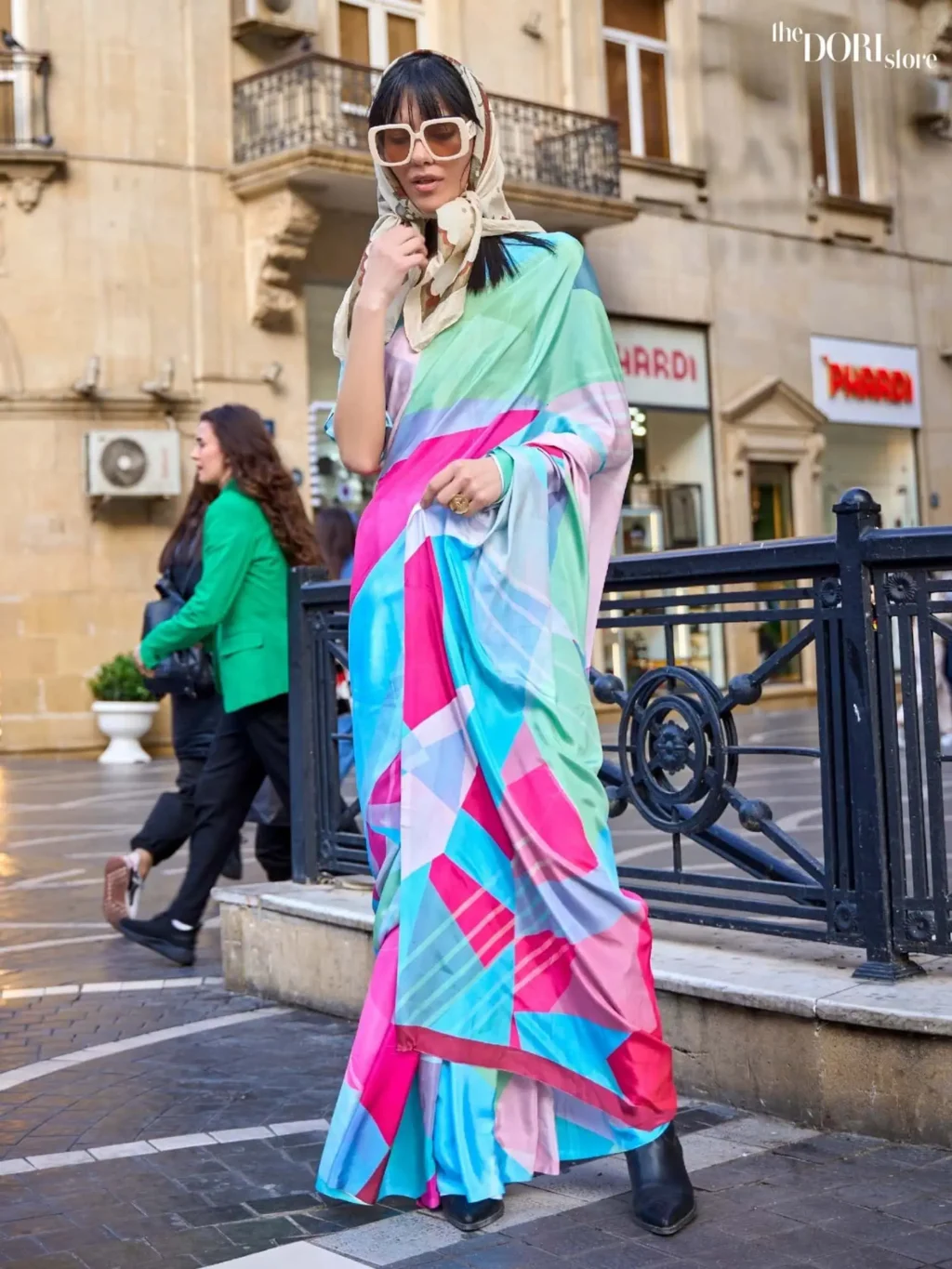 Multicolor Blue Pure Digital Print Crepe Silk Saree - party wear saree