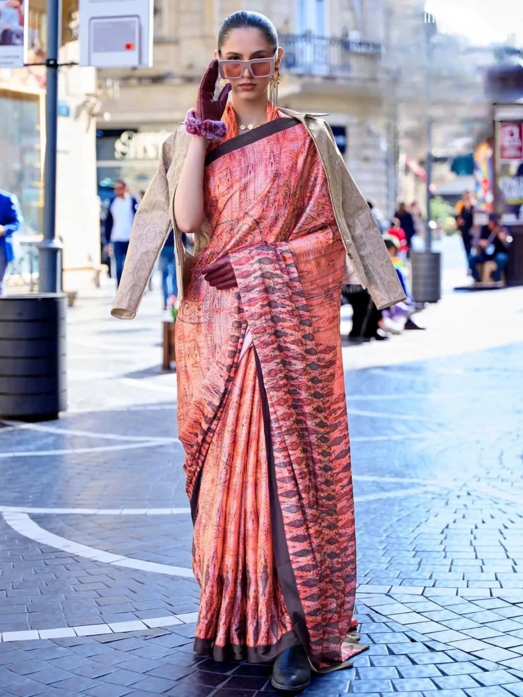 Peachy Orange Digital Print Satin Crepe Silk Saree - party wear saree