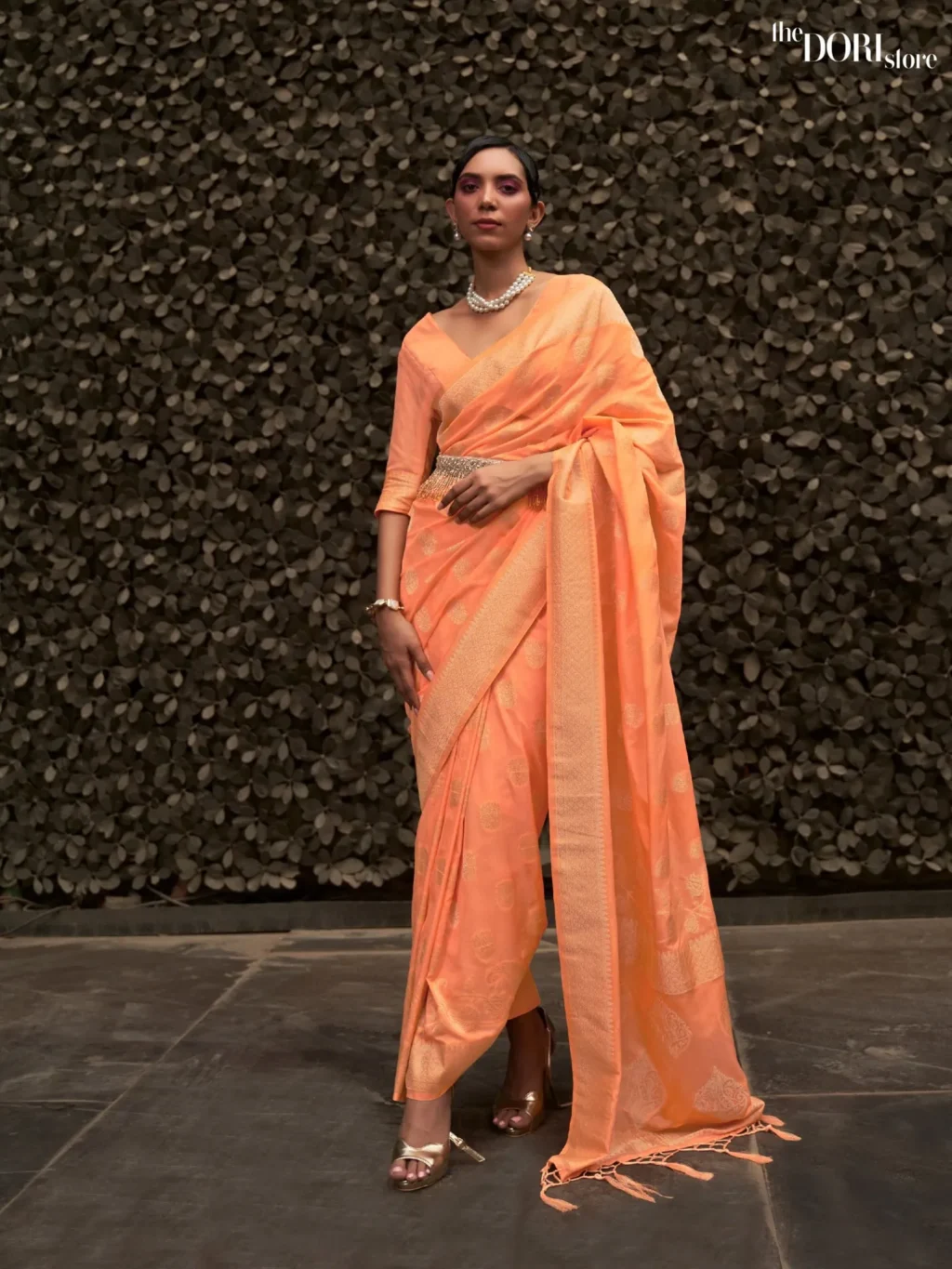 Light Orange Banarasi Chinon Silk Saree - party wear saree