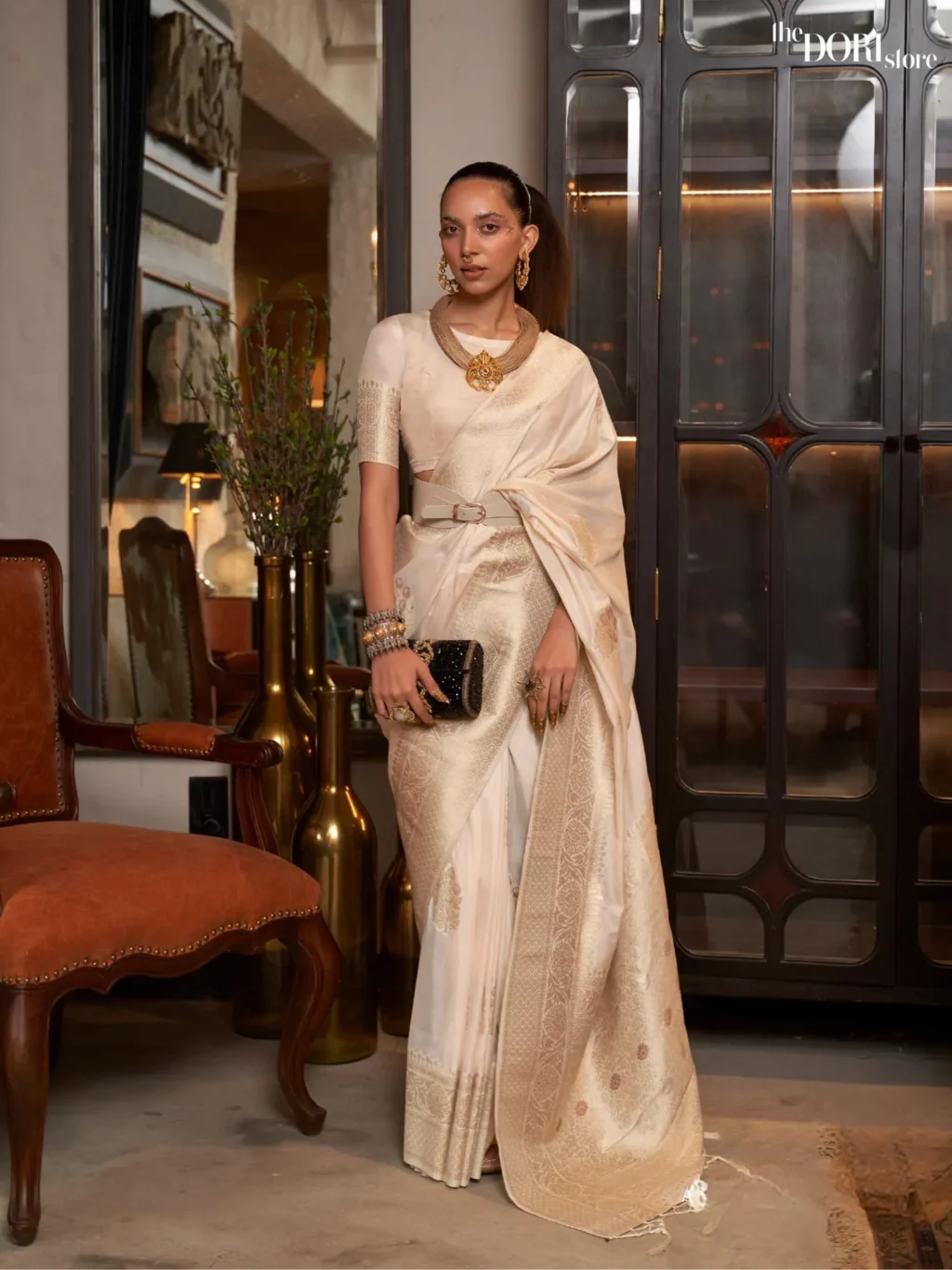 Ethnic Golden White Pure Khadi Georgette Woven Saree - party wear saree