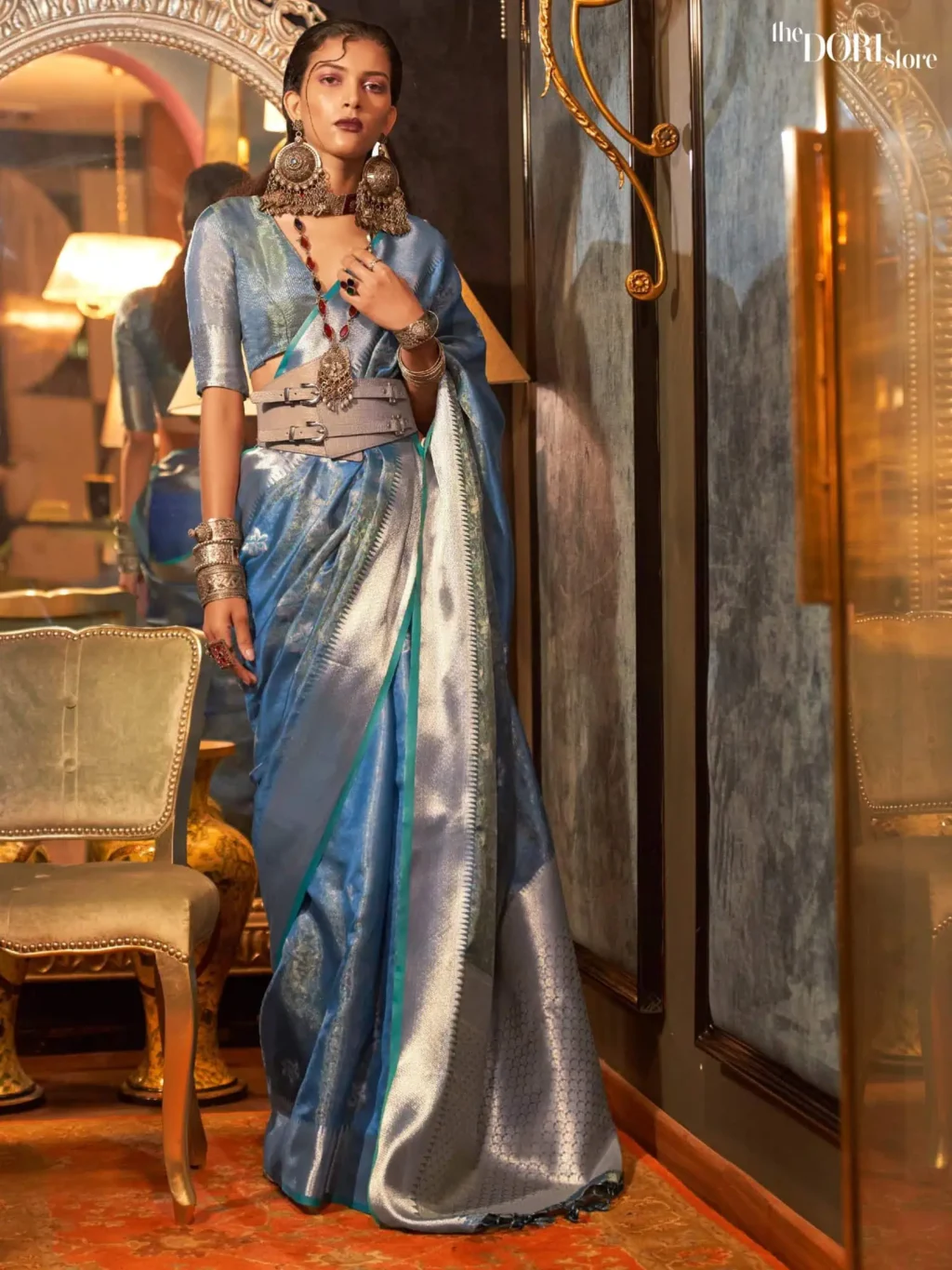 Royal Turquiose Blue Floral Dual Tone Organza Silk Saree - party wear saree