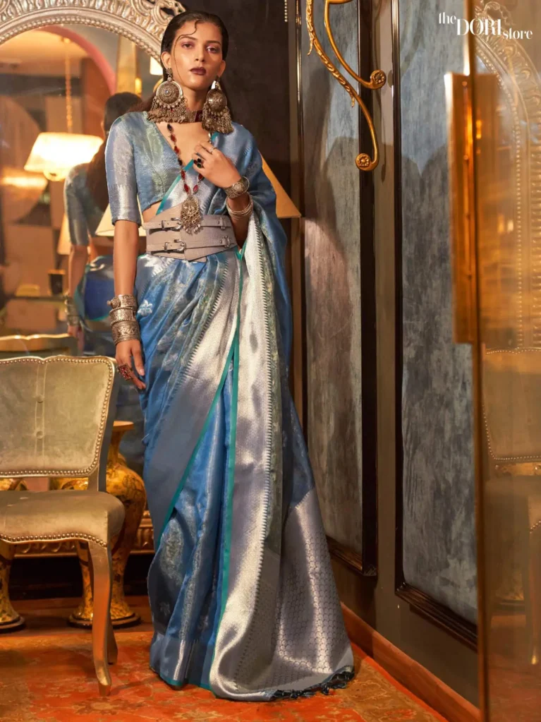 Royal Turquiose Blue Floral Dual Tone Organza Silk Saree - party wear saree