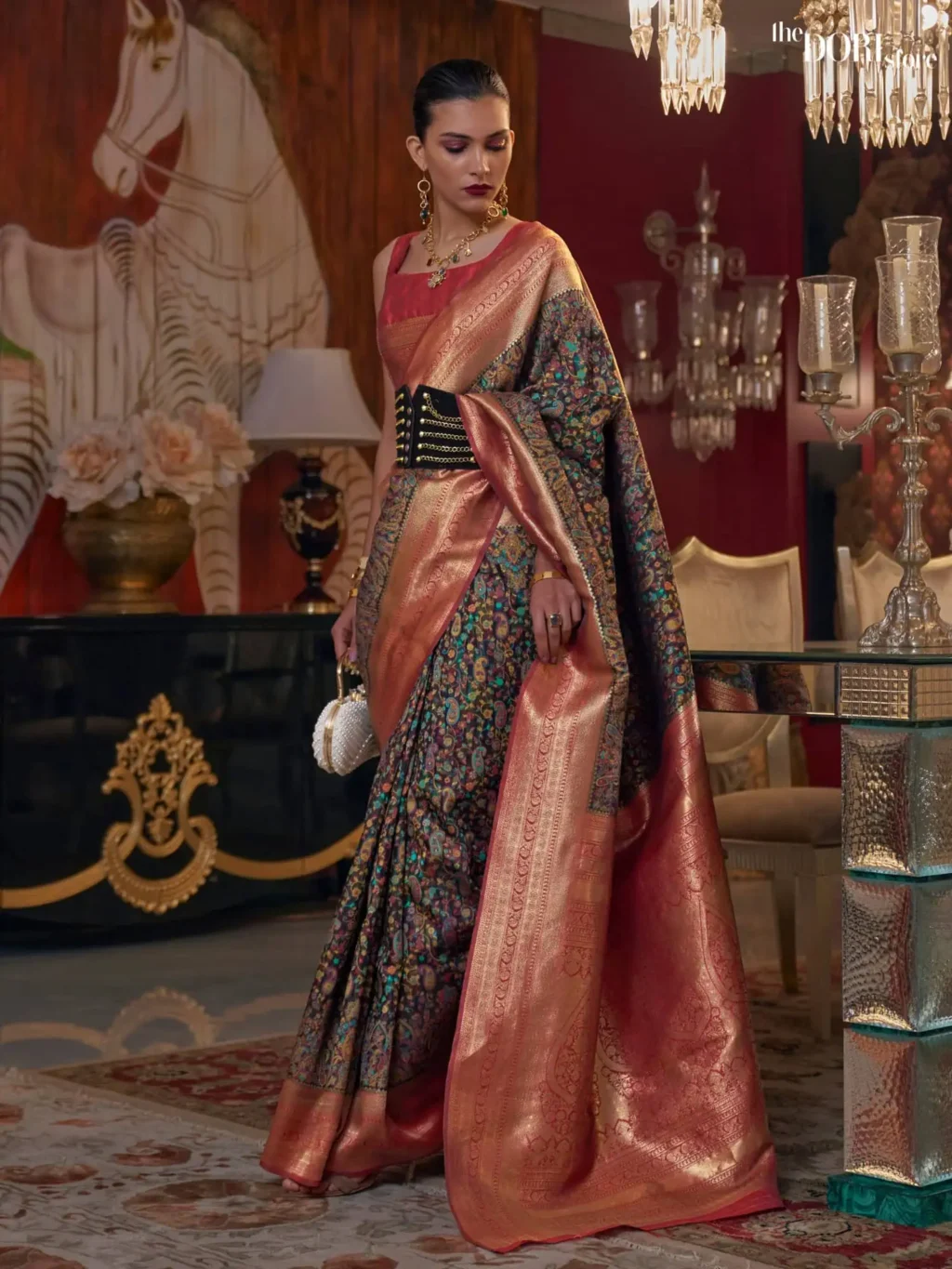 Red and Black Kashmiri Jamewar Silk Saree - party wear saree