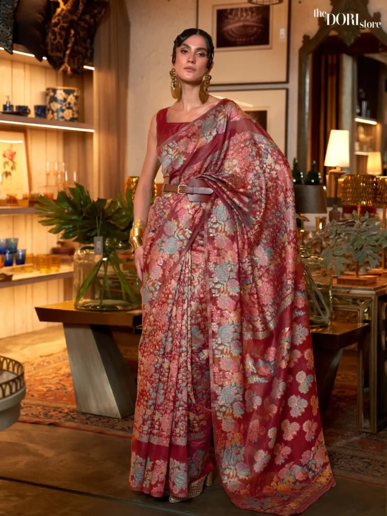Earth Maroon Kashmiri Floral Woven Silk Saree - party wear saree