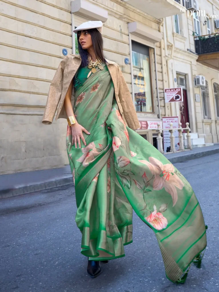 Forest Green Floral Pure Satin Organza Silk Saree - party wear saree