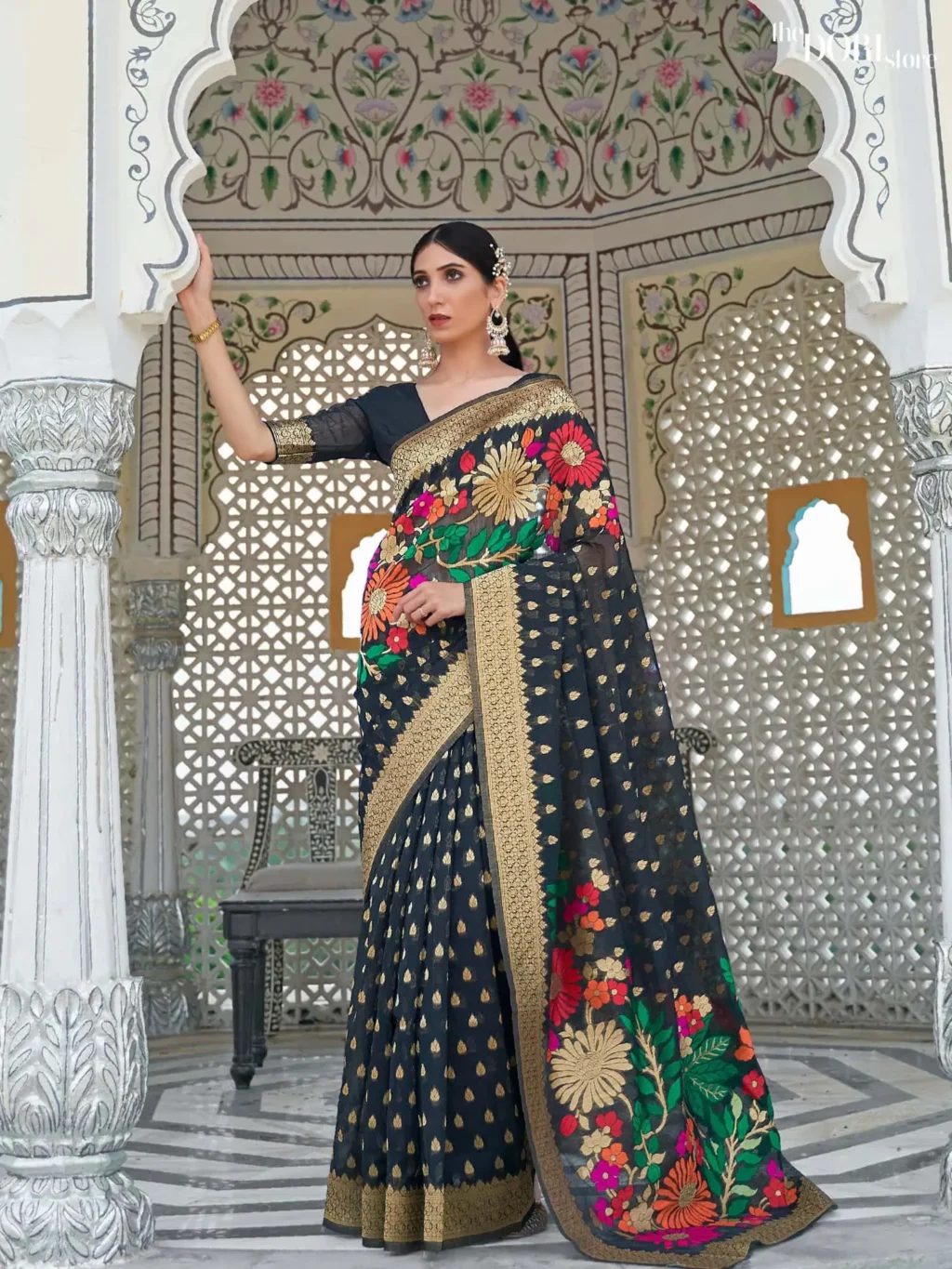 Partwear Luxe Black Woven Linen Saree - party wear saree