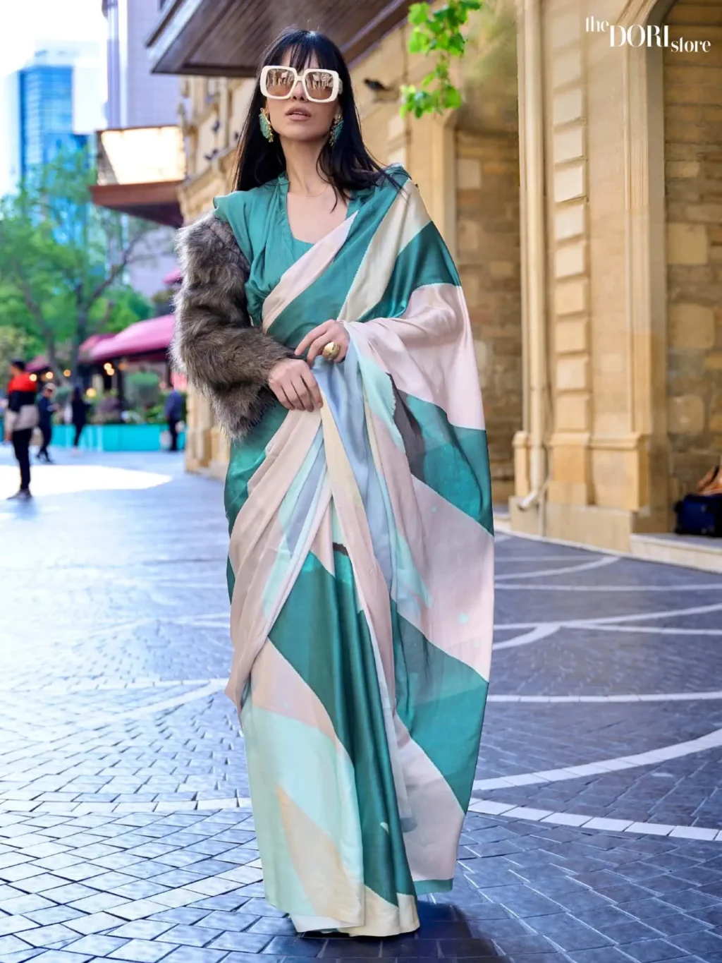 Cream and Teal Green Digital Print Satin Crepe Silk Saree - party wear saree