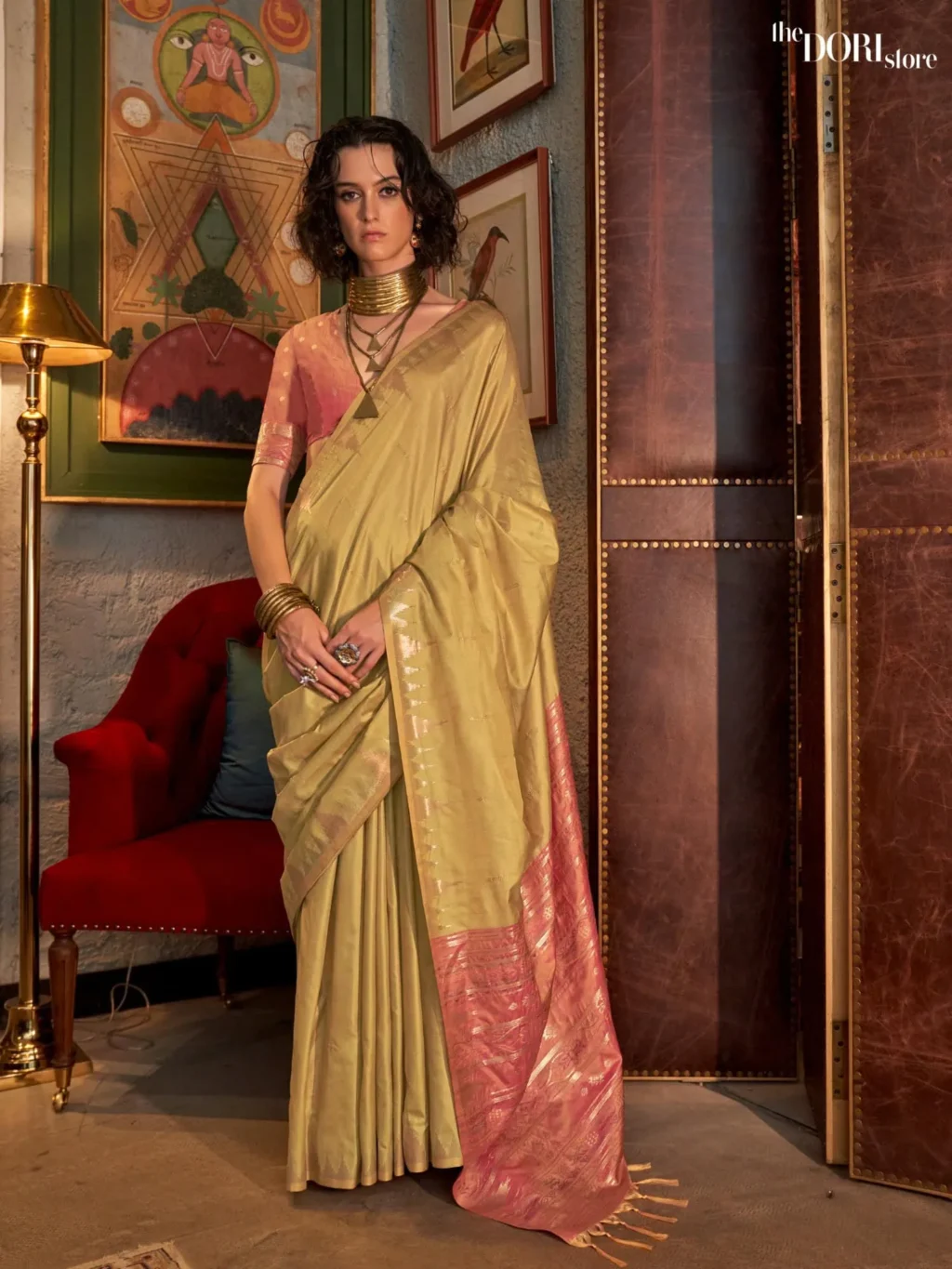 Lime Yellow Tussar Silk Saree with Contrast Ikkat Pallu and Blouse  - party wear saree