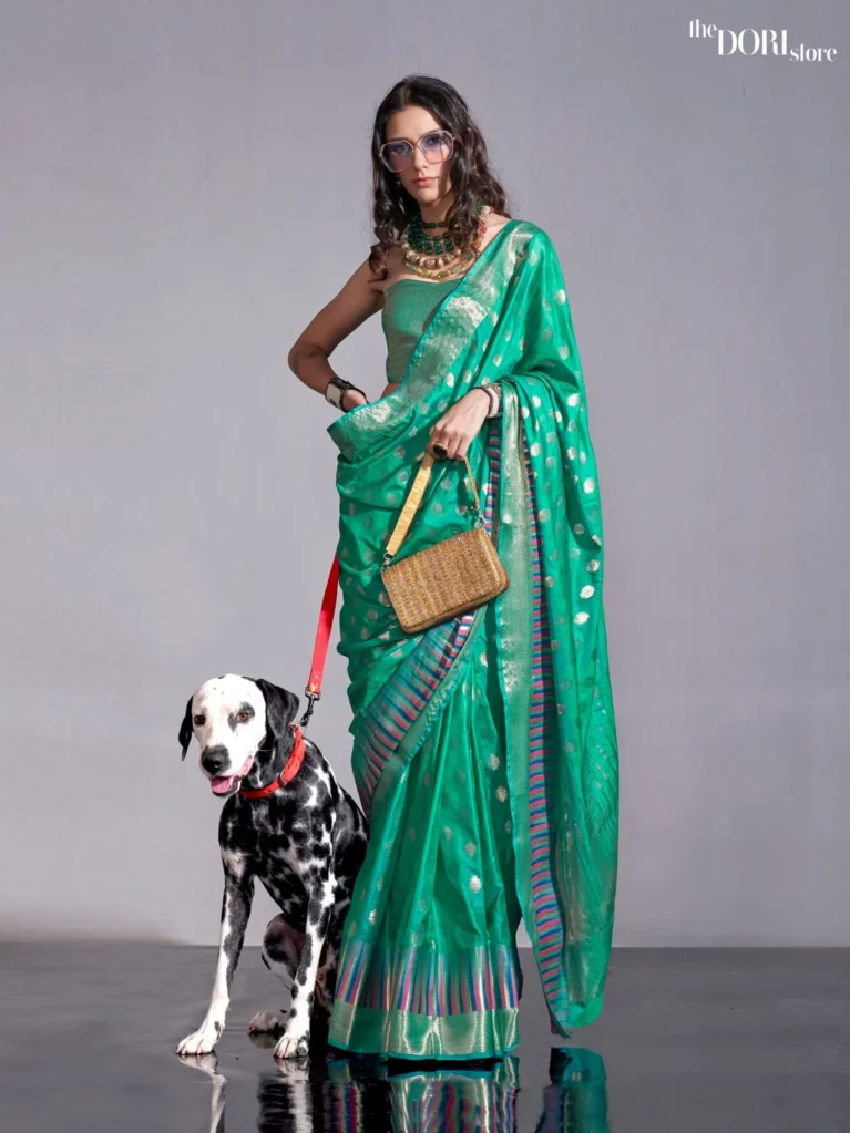 Teal Green Zari Woven Pure Handloom Banarasi Silk Saree - party wear saree