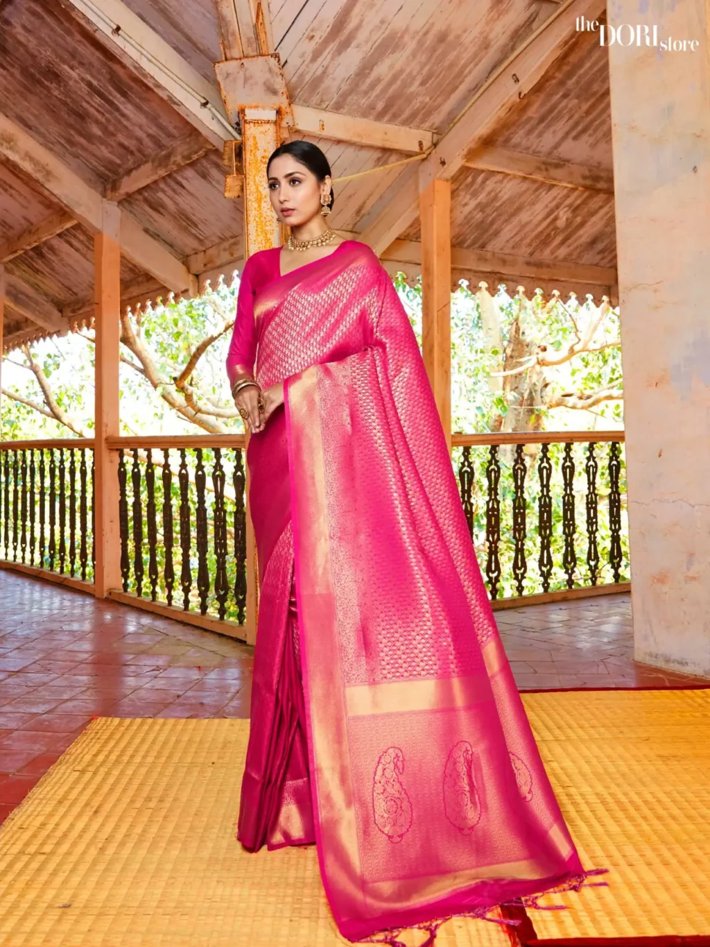 Queen Pink Kanjeevaram Silk Saree with Golden Zari Border  - party wear saree