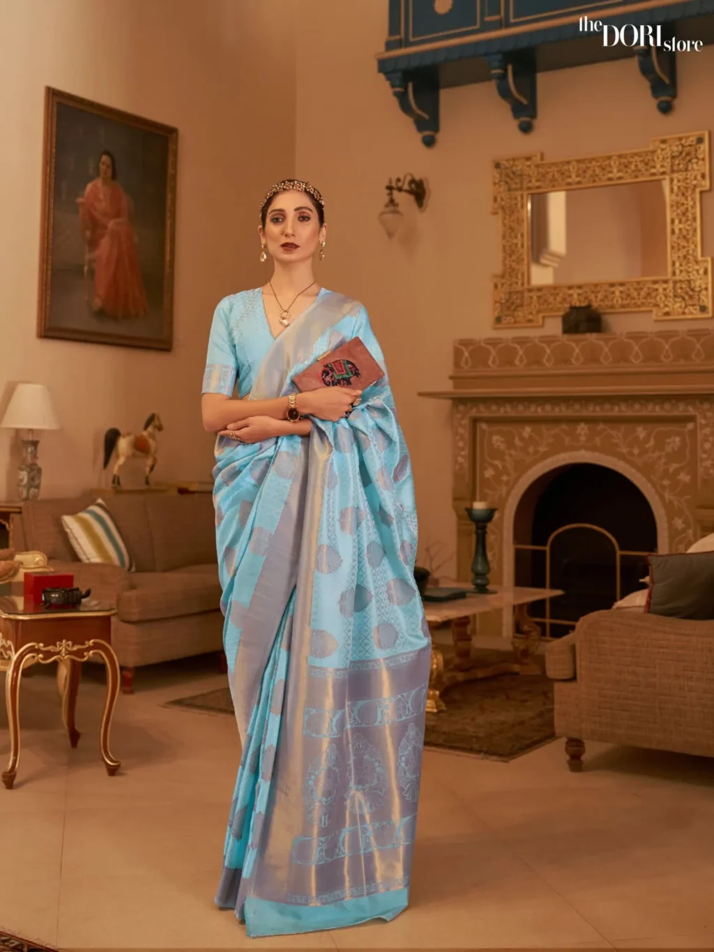 Ethnic Light Blue Zari Kanjeevaram Silk Woven Saree - party wear saree