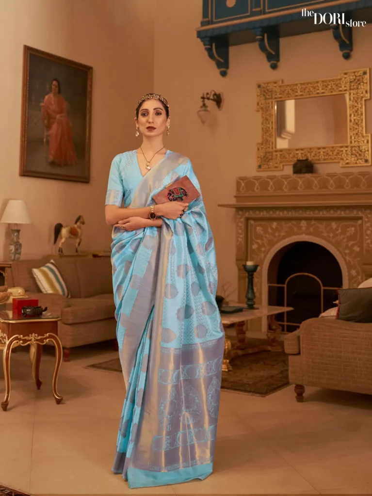 Ethnic Light Blue Zari Kanjeevaram Silk Woven Saree - party wear saree