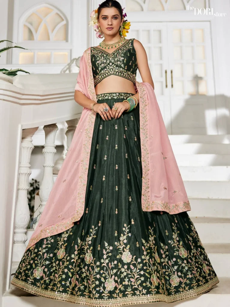 Olive Green Chiffon Sequinse embroidery Semi-Stitched Lehenga choli product image