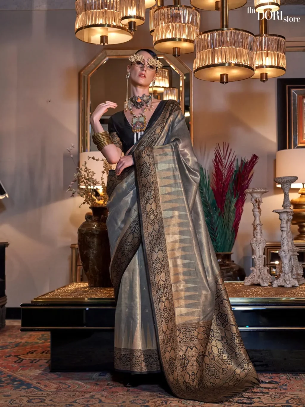 Fossil Grey Zari Handloom Tissue Silk Saree - party wear saree