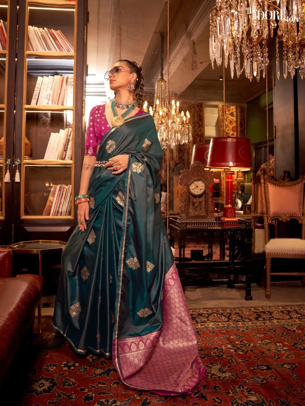 Hunter Green Pure Satin Silk Saree with Contrast Blouse - party wear saree