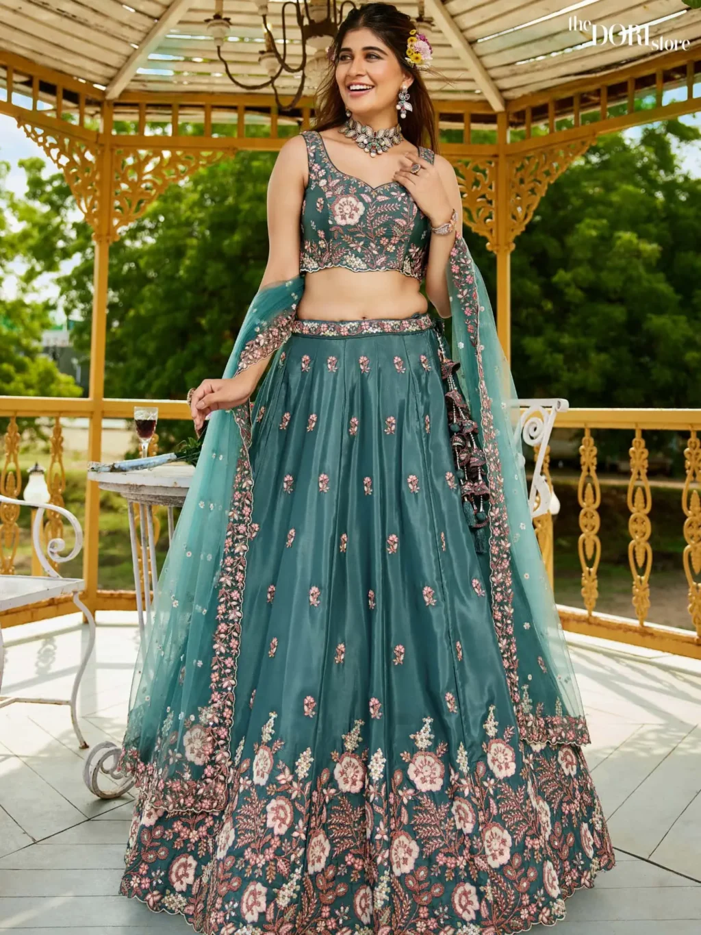Teal Blue Satin Sequinse embroidery Semi-Stitched Lehenga choli  product image