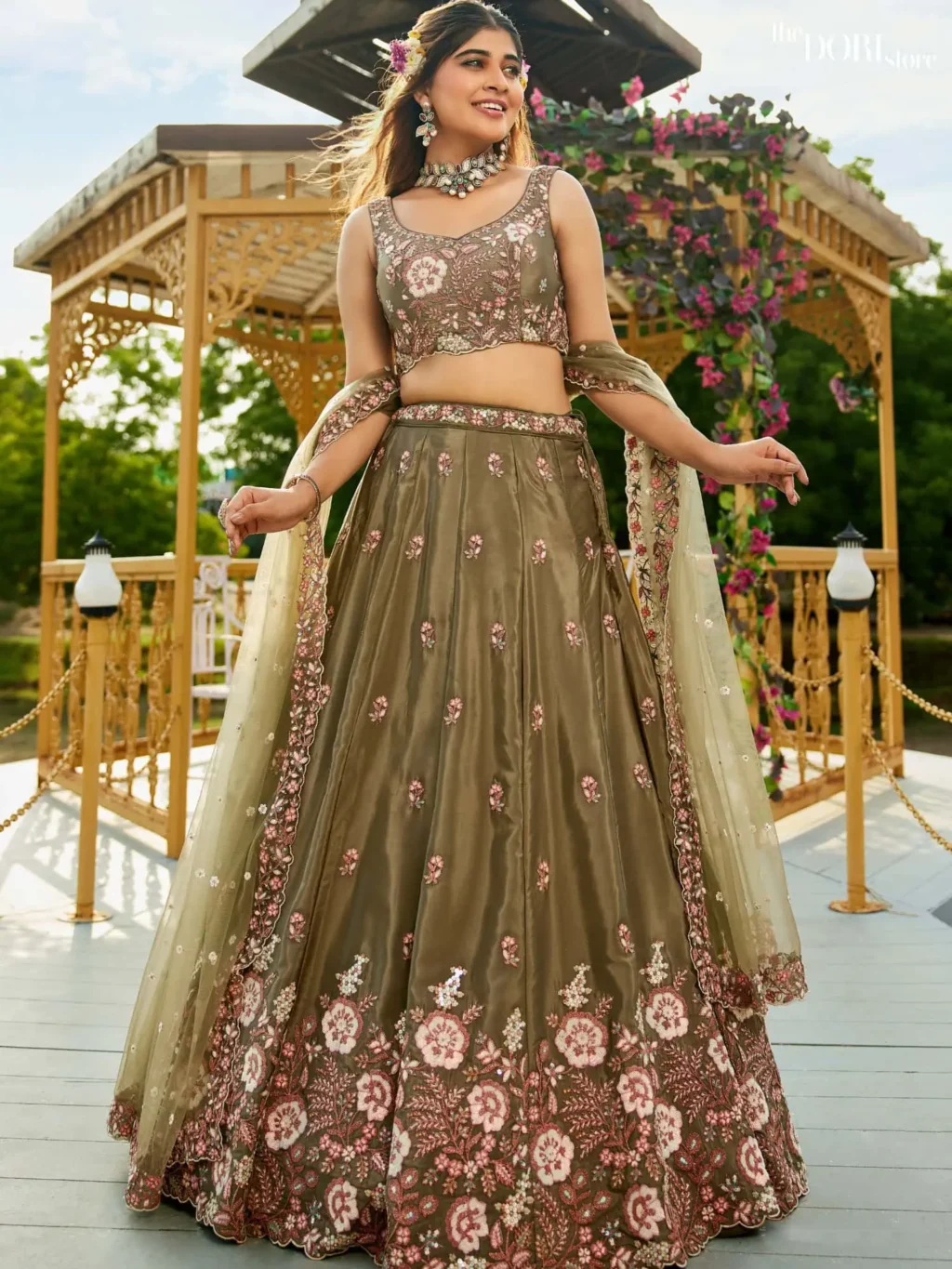 Olive Green Satin Sequinse embroidery Semi-Stitched Lehenga choli  product image
