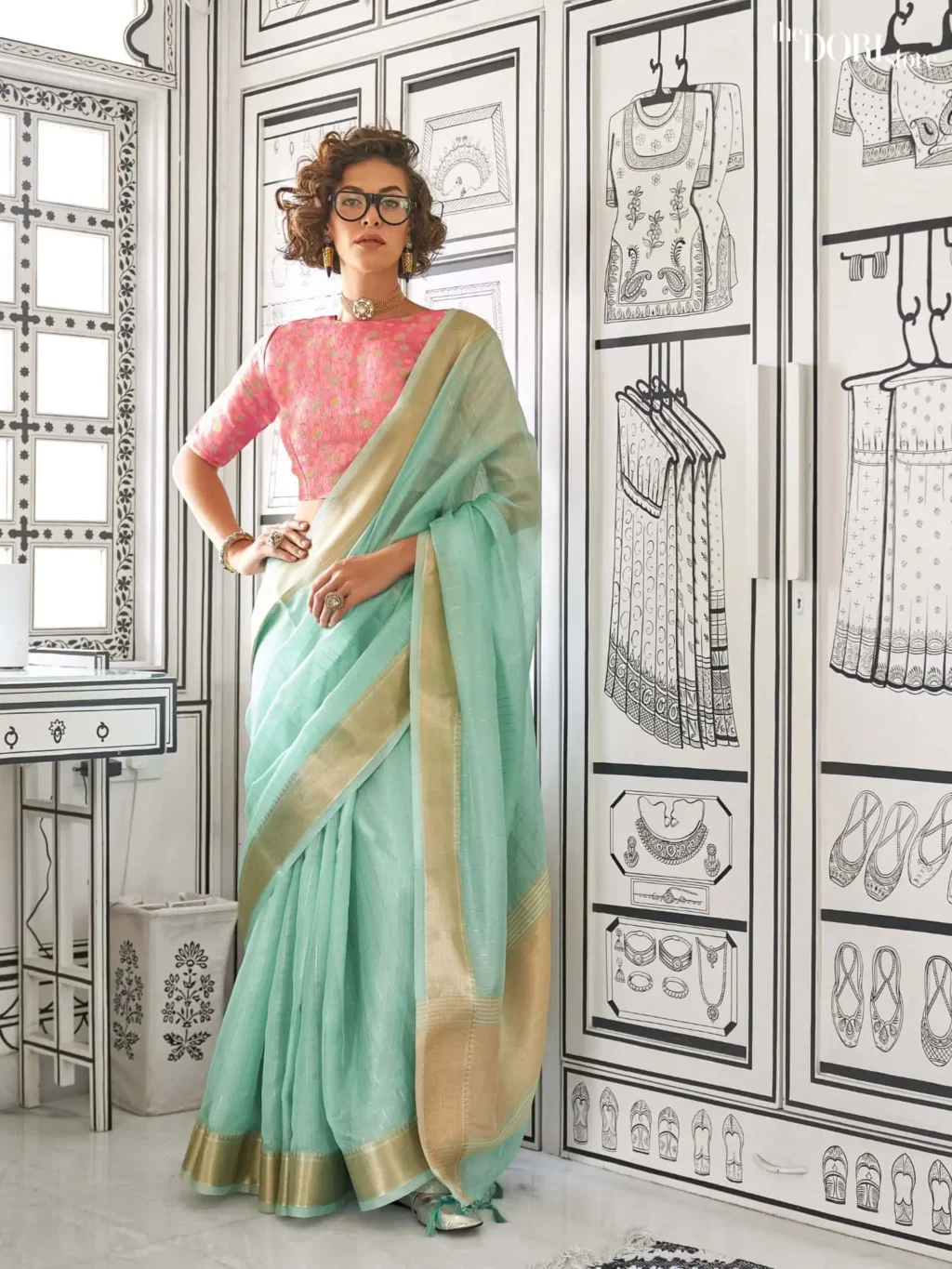 Pinkish Light Blue Moss Handloom Chiffon Silk Saree - party wear saree
