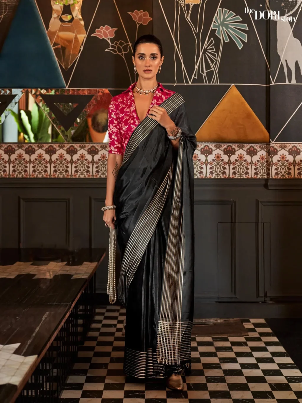 Ethnic Black Pure Viscose Handloom Silk Saree with Contrast Blouse  - party wear saree