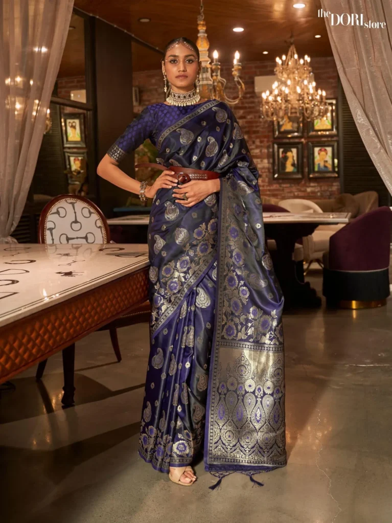 Royal Deep Blue Designer Banarasi Satin Silk Saree - party wear saree